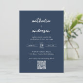 Modern Script Navy Blue Photo QR Code Wedding Kaart (Staand voorkant)
