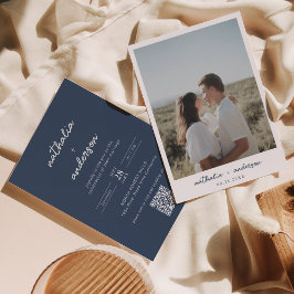 Modern Script Navy Blue Photo QR Code Wedding Kaart