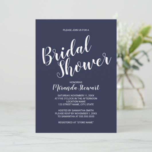 Modern Script Navy Blue Vrijgezellenfeest Kaart (Staand voorkant)