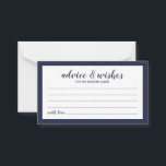 Modern Script Navy Blue Wedding Advice and Wishes Advieskaart<br><div class="desc">Modern Script Navy Blue Wedding Advice en Wishes Kaart met titel in marine blauw modern script met details in marvy blue modern sans serif font op witte achtergrond met blauw marinegrens.</div>