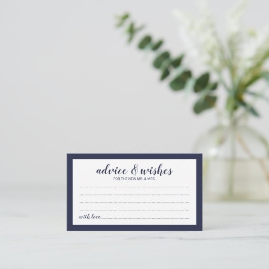 Modern Script Navy Blue Wedding Advice and Wishes Advieskaart (Staand voorkant)