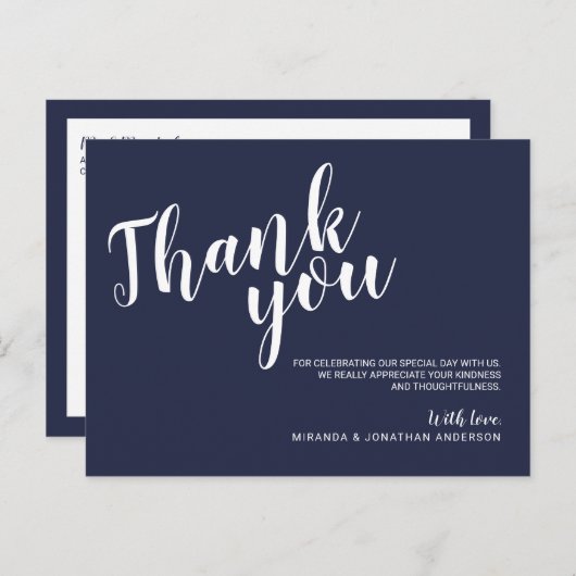 Modern Script Navy Blue Wedding Bedankt Briefkaart (Voorkant / Achterkant)