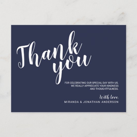 Modern Script Navy Blue Wedding Bedankt Briefkaart (Voorkant)