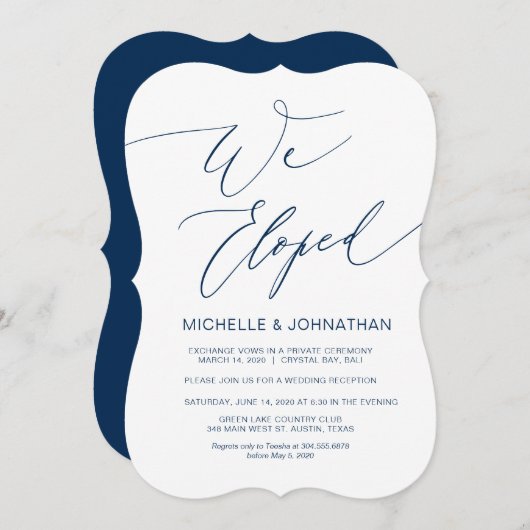 Modern Script, Navy Blue, Wedding Elopement Kaart (Voorkant / Achterkant)