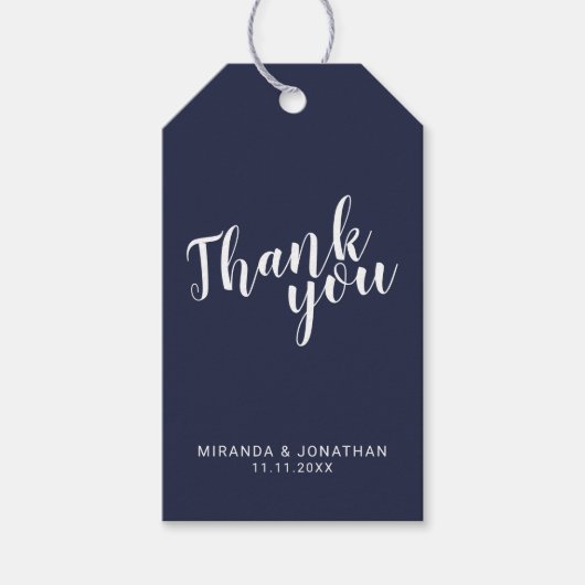 Modern Script Navy Blue Wedding Favor Dank je Cadeaulabel (Voorkant)