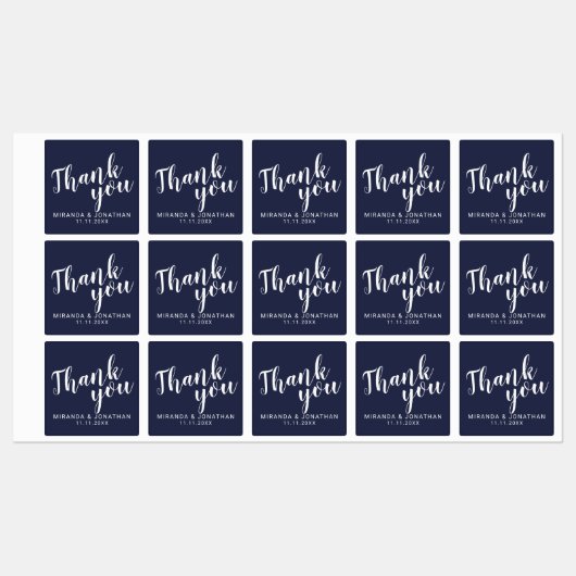 Modern Script Navy Blue Wedding Favor Dank je Labels (Vel)