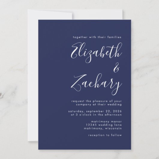 Modern Script Navy Blue Wedding Kaart (Voorkant)