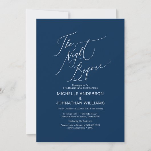 Modern Script, Navy Blue, Wedding Rehearsal Dinner Kaart (Voorkant)