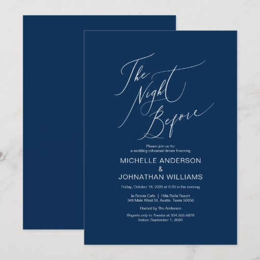 Modern Script, Navy Blue, Wedding Rehearsal Dinner Kaart (Voorkant / Achterkant)