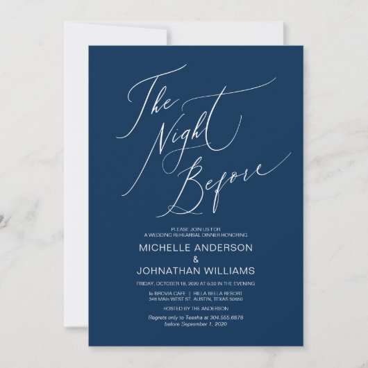 Modern Script, Navy Blue, Wedding Rehearsal Dinner Kaart (Voorkant)