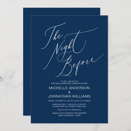 Modern Script, Navy Blue, Wedding Rehearsal Dinner Kaart (Voorkant / Achterkant)