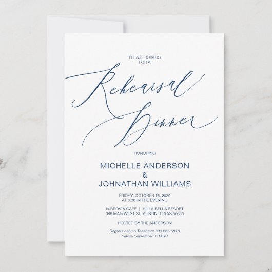 Modern Script, Navy Blue, Wedding Rehearsal Dinner Kaart (Voorkant)