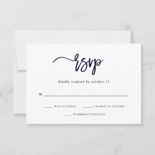 Modern script | Navy Blue Wedding Response RSVP Kaartje (Voorkant)