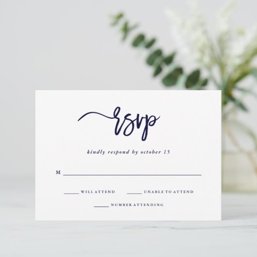 Modern script | Navy Blue Wedding Response RSVP Kaartje (Staand voorkant)