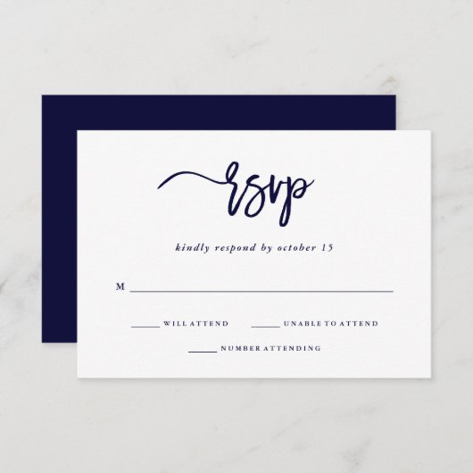 Modern script | Navy Blue Wedding Response RSVP Kaartje (Voorkant / Achterkant)
