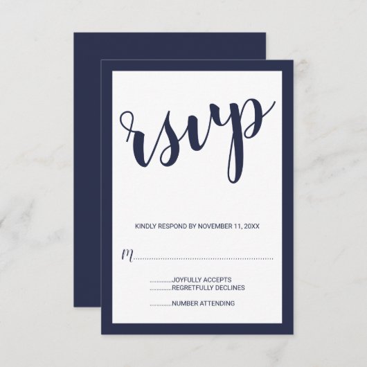Modern Script Navy Blue Wedding RSVP (Voorkant / Achterkant)