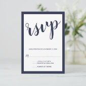 Modern Script Navy Blue Wedding RSVP Kaartje (Staand voorkant)