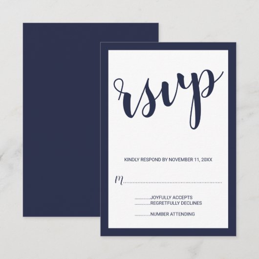 Modern Script Navy Blue Wedding RSVP Kaartje (Voorkant / Achterkant)