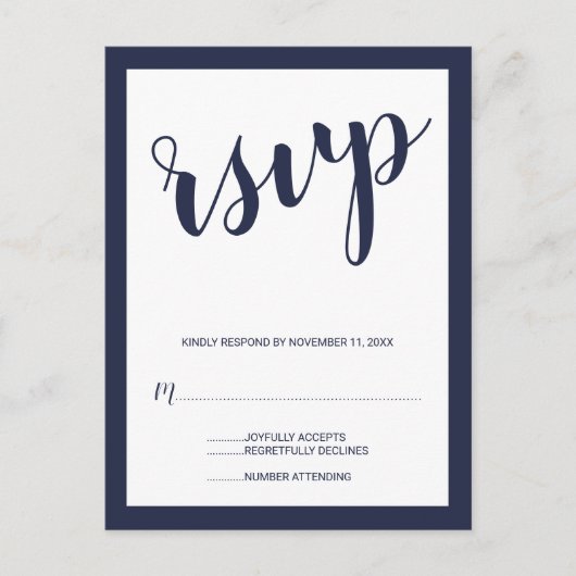 Modern Script Navy Blue Wedding RSVP Uitnodiging Briefkaart (Voorkant)