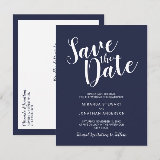 Modern Script Navy Blue Wedding Save the Date Aankondigingskaart (Voorkant / Achterkant)