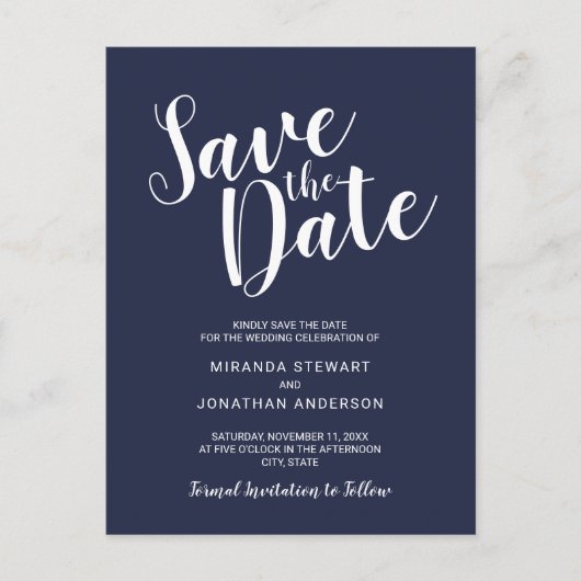 Modern Script Navy Blue Wedding Save the Date Aankondigingskaart (Voorkant)