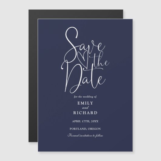 Modern Script Navy Blue Wedding Save the Date Magnetische Uitnodiging (Voorkant / Achterkant)