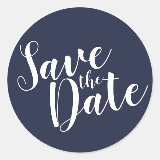Modern Script Navy Blue Wedding Save the Date Ronde Sticker (Voorkant)
