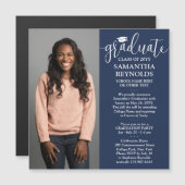 Modern Script Navy Blue & White 1 Foto Afstuderen Magnetische Uitnodiging (Voorkant / Achterkant)