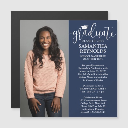 Modern Script Navy Blue & White 1 Foto Afstuderen Magnetische Uitnodiging (Voorkant / Achterkant)