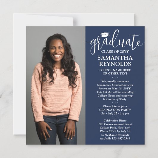 Modern Script Navy Blue & White 1 Foto Afstuderen Magnetische Uitnodiging (Voorkant)