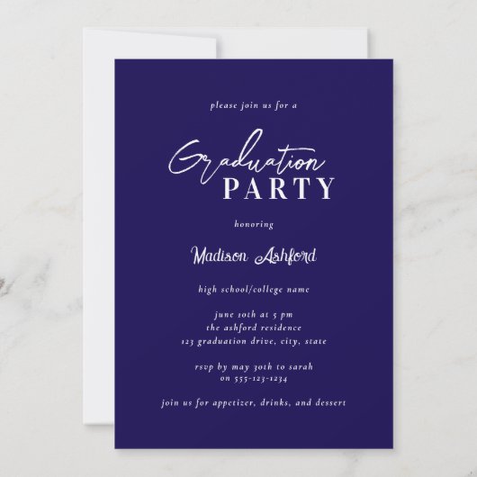 Modern Script Navy Photo Graduation Party Kaart (Achterkant)