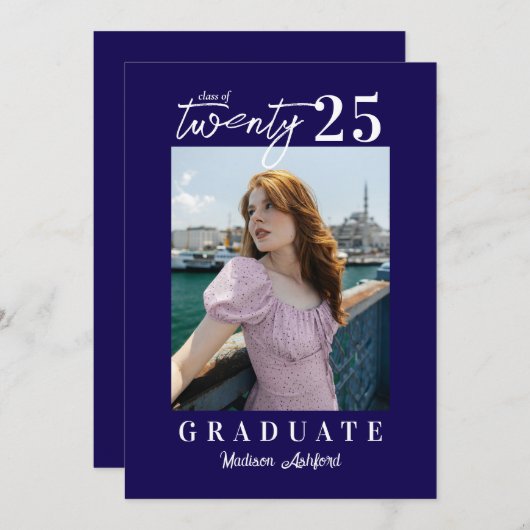 Modern Script Navy Photo Graduation Party Kaart (Voorkant / Achterkant)