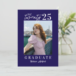 Modern Script Navy Photo Graduation Party Kaart