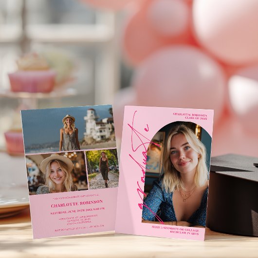  Modern Script neon pink graduate photo graduation Kaart