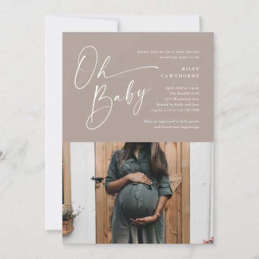Modern Script Neutraal Photo Baby shower Kaart (Voorkant)