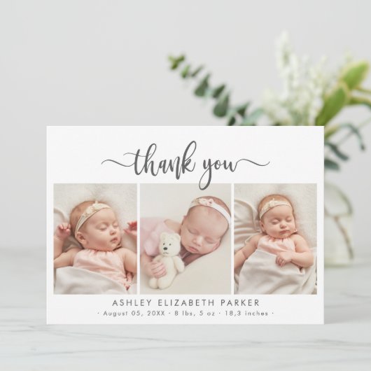 Modern Script Newborn Baby 3 foto dank u Bedankkaart (Staand voorkant)