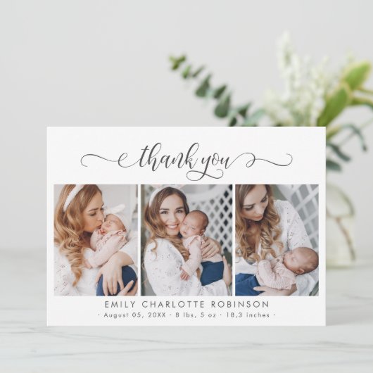 Modern Script Newborn Baby 3 foto dank u Bedankkaart (Staand voorkant)