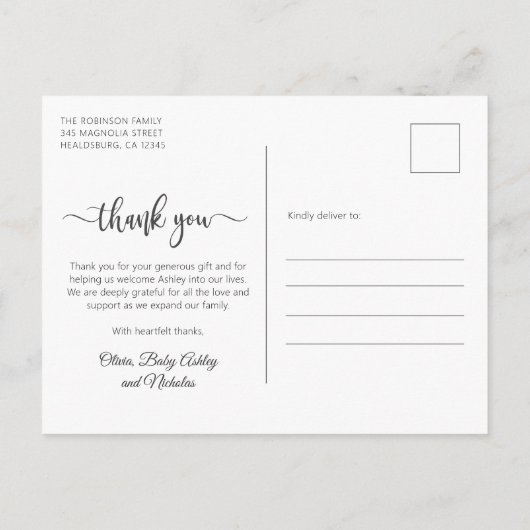 Modern Script Newborn Baby Fotocollage Dank u Briefkaart (Achterkant)