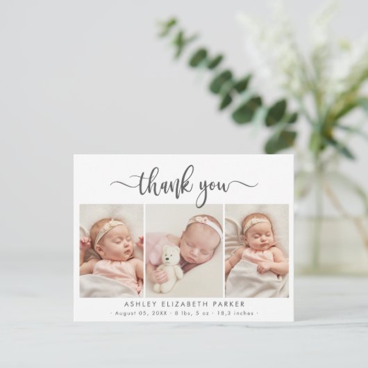 Modern Script Newborn Baby Fotocollage Dank u Briefkaart (Staand voorkant)