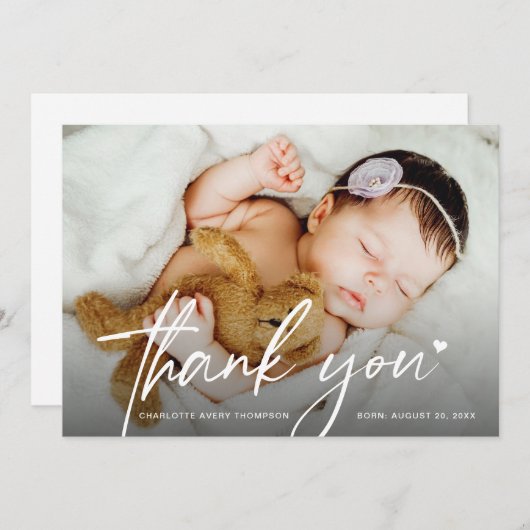 Modern Script Newborn baby Photo Heart  Bedankkaart (Voorkant / Achterkant)