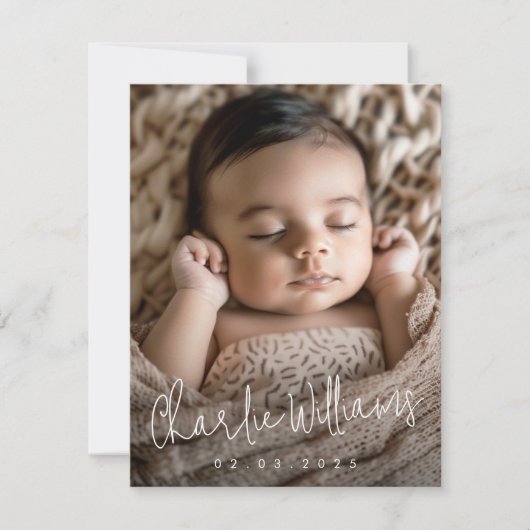 Modern script nieuwe baby dank u foto aankondiging (Voorkant)