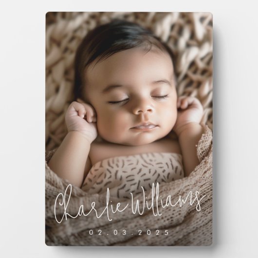 Modern script nieuwe baby naam datum foto fotoplaat (voorkant)