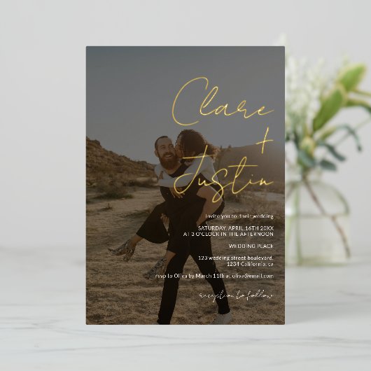 Modern script noemt foto's bruiloft folie uitnodiging (Staand Voorkant)