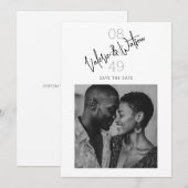 Modern Script Numeric Date Black and White Photo Save The Date (Voorkant / Achterkant)
