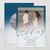 Modern Script Ocean Blue Ombre Foto Bruiloft Kaart (Voorkant / Achterkant)