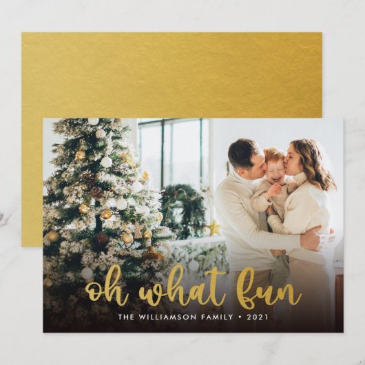 Modern Script Oh What Fun Foto Kerstmis Kaart (Voorkant / Achterkant)