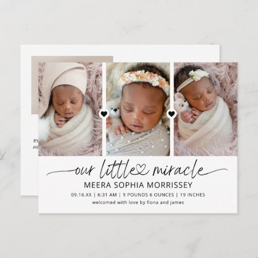 Modern script onze kleine wonderfoto's geboorte aankondigingskaart (Voorkant / Achterkant)