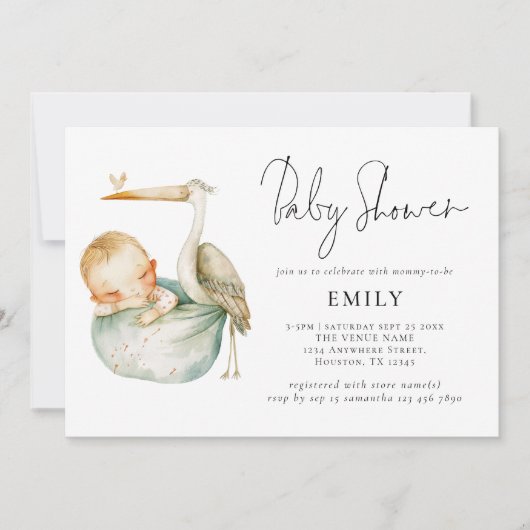 Modern Script Ooievaar en Baby shower Kaart (Voorkant)