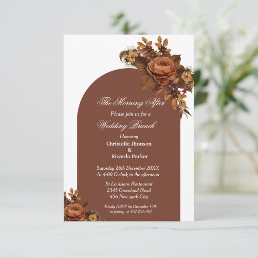 Modern script oranje bruiloft brunch party kaart (Staand voorkant)