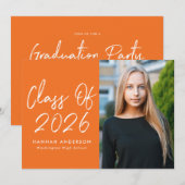 Modern Script Oranje Foto Afstudeerfeest Kaart (Voorkant / Achterkant)